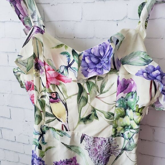 H&M Floral Bird Print Midi Sun Dress Open Back Size 4 NEW Yellow Ruffle Strap - Picture 3 of 13